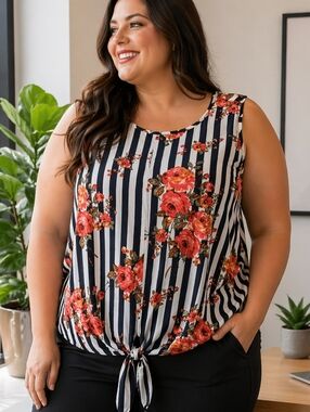 Penningtons Floral Striped Sleeveless Blouse 1X | Navy White Red | Lightweight